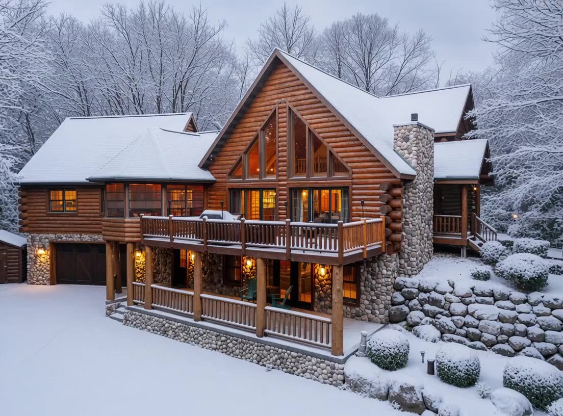 Hickory Hill at dusk after a fresh snowfall, warm light in the windows